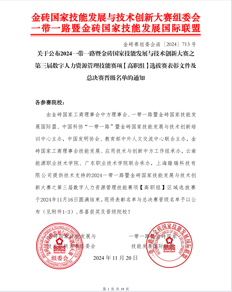 【荣誉】工商管理学院荣获2024年“一带一路”金砖数字人力资源管理技能竞赛北部赛区决赛一等奖1项、二等奖1项